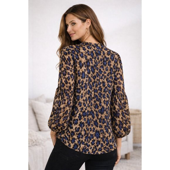 Chicos Sz 1 (M) Blue Brown Animal Print Sheer Blouse LS Pintuck Button Front - Picture 2 of 10